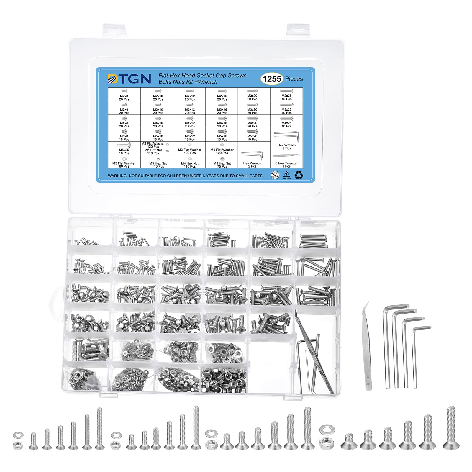 DTGN 1255Pcs M2 M3 M4 M5 Flat Head Hex Socket Cap Screws Bolts Nuts Washers Kit with Wrench