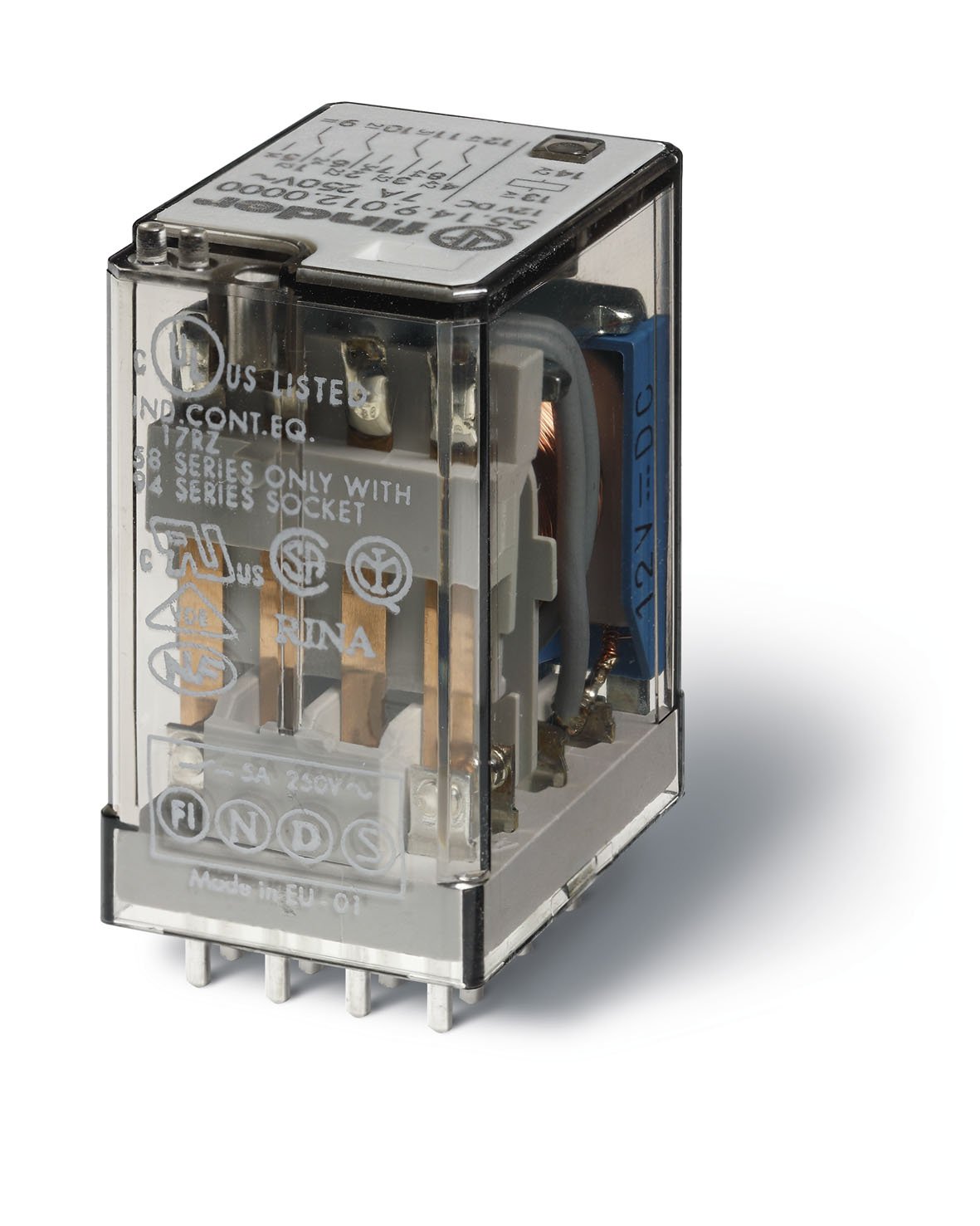 Relé Finder 55 industrial 110vdc evita fallos de señal en circuitos impresos