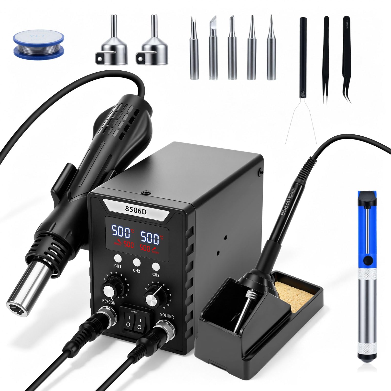 RUIZHI Stazione di Saldatura 2 in 1 Kit Saldatore 100–500°C | Pistola ad Aria Calda 700W con Doppio Display LED, Set di Saldatura per Scuole, Laboratori e Riparazioni