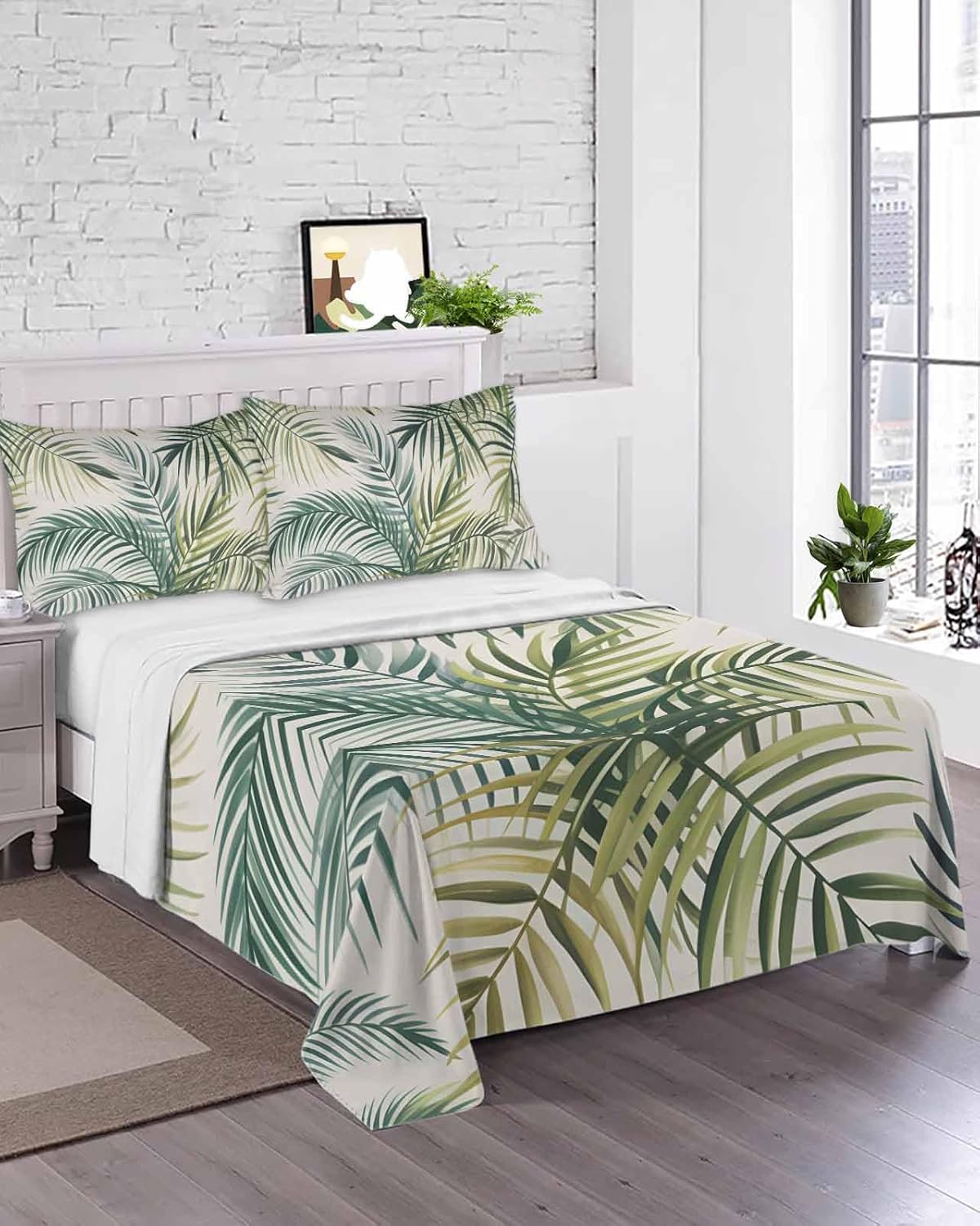 Full Flat Sheet Top Sheet Only, Summer Tropical Leaves Watercolor Soft Microfiber Breathable Bed Sheets, Green Foliage Hotel Luxury Bedding Flat Sheets