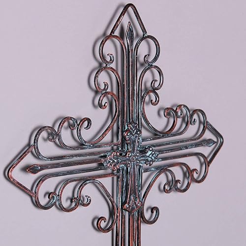 Yamfurvo Cruz de pared antigua en capas, arte de pared enrollado de metal, esculturas de pared con gancho, cruz decorativa de hierro colgante para