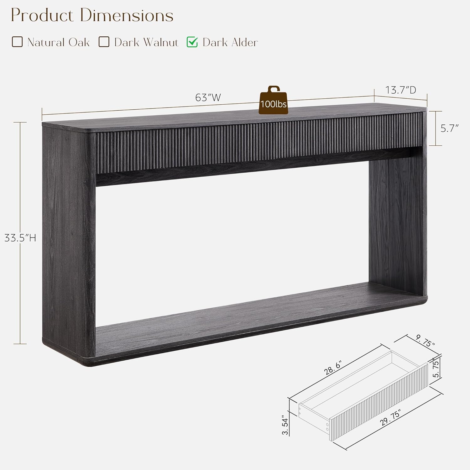 OKD 63" Fluted Console Table for Entryway, Modern Entryway Table with 2 Large Drawers, Long Sofa Table Behind Couch for Living Room, Hallway, Couch, Foyer,Dark Alder - Image 2