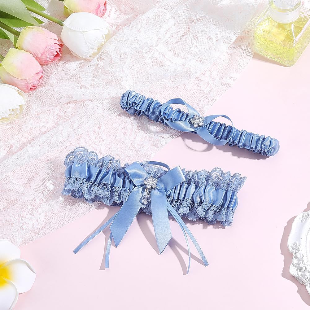 Bride Wedding Garter 6.69×1.97 Inch Blue Bride Bowknot Garter with Rhinestone Flower Party Prom Leg Garters Belt