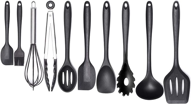 10-Piece Silicone Kitchen Utensil Set - Non-Stick, Heat Resistant Cooking Utensils Set of Spatula, Turner, Spoons, Tong, Oil Brush and Whisk (Black)