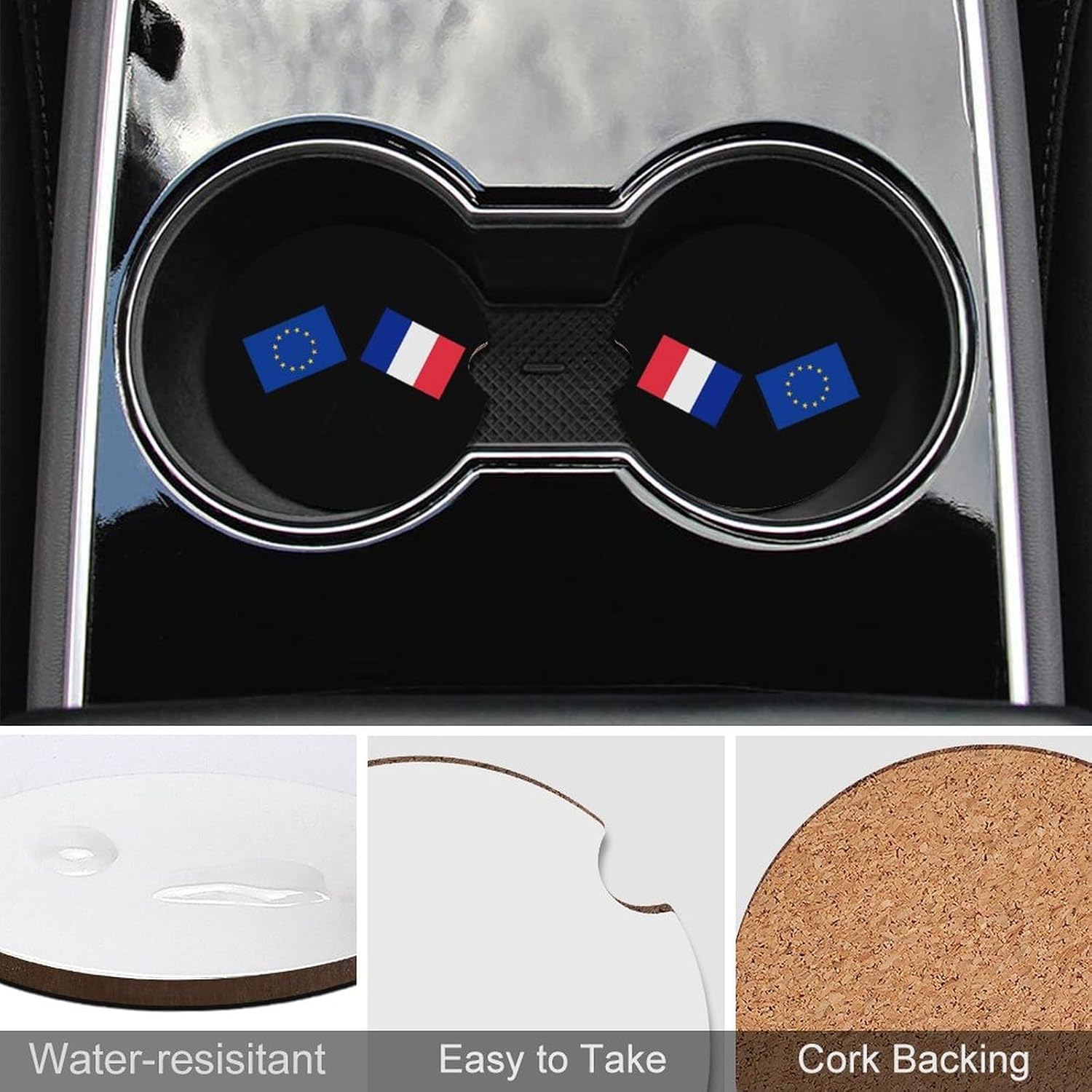 France Europe EU Flag Cute Car Coasters 2.56 Inch Absorbent Cup Holder for Drinks Auto Interior Accessories