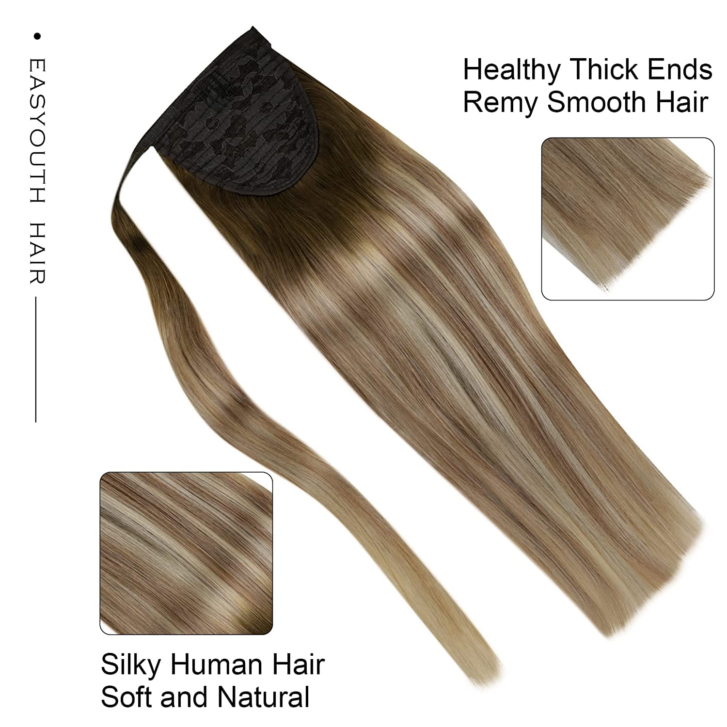 Easyouth Extensiones Cola Pelo Natural Balayage Castaño a Rubio Ponytail Hair Extensiones Pelo Remy Extensiones Cabello Humano Coleta 50cm 80g