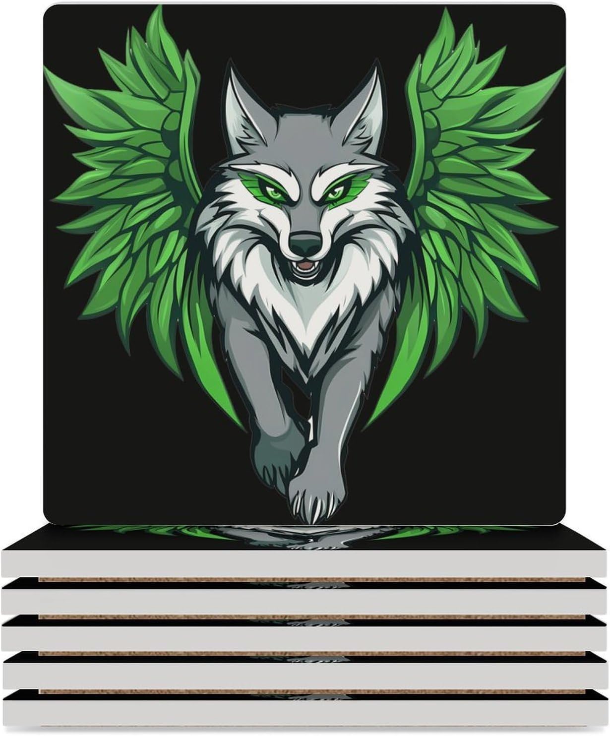 Wolf with Wing Ceramic Coasters Set Square Drink Coasters Table Coaster for Kitchen Desktop Decor