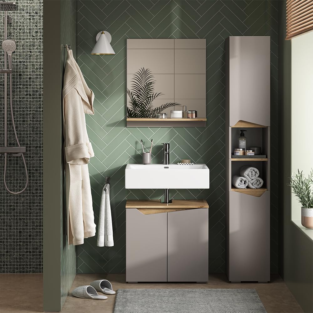 Vicco Combinación de Muebles de baño Marelle, Gris, 60 cm | compuesto por mueble bajo lavabo, espejo con armario y columna de baño