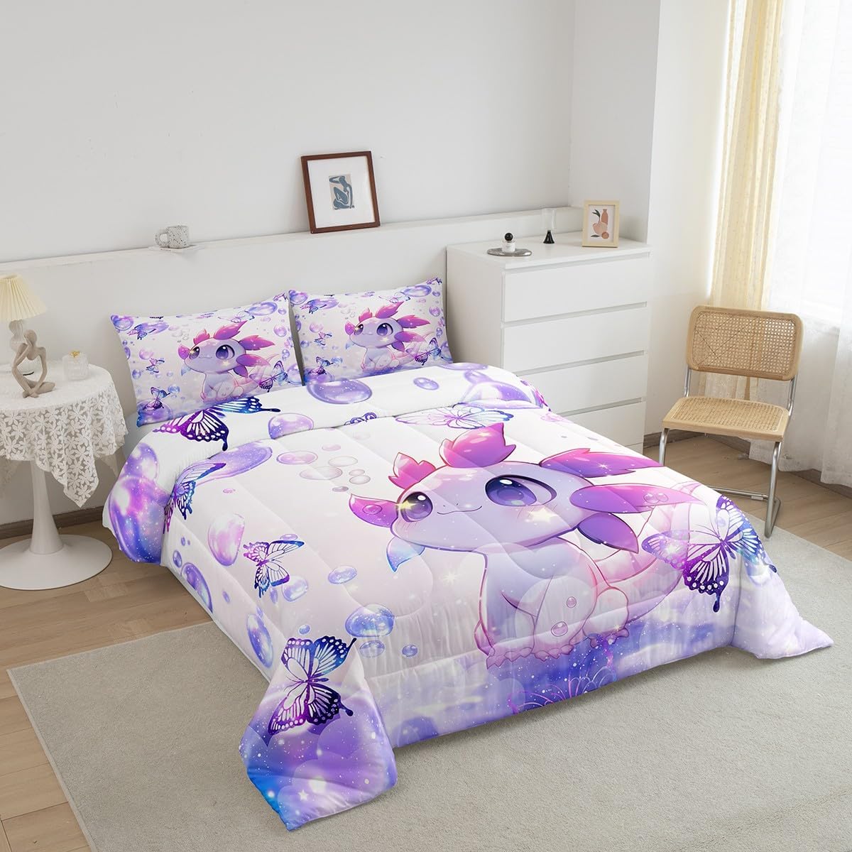 Erosebridal Kawaii Axolotl Girls Toddler Bedding Set Cute Axolotl Comforter Set for Kids Teen Women,Cartoon Ocean Animal Butterfly Down Comforter Ocean Sealife Quilt Set