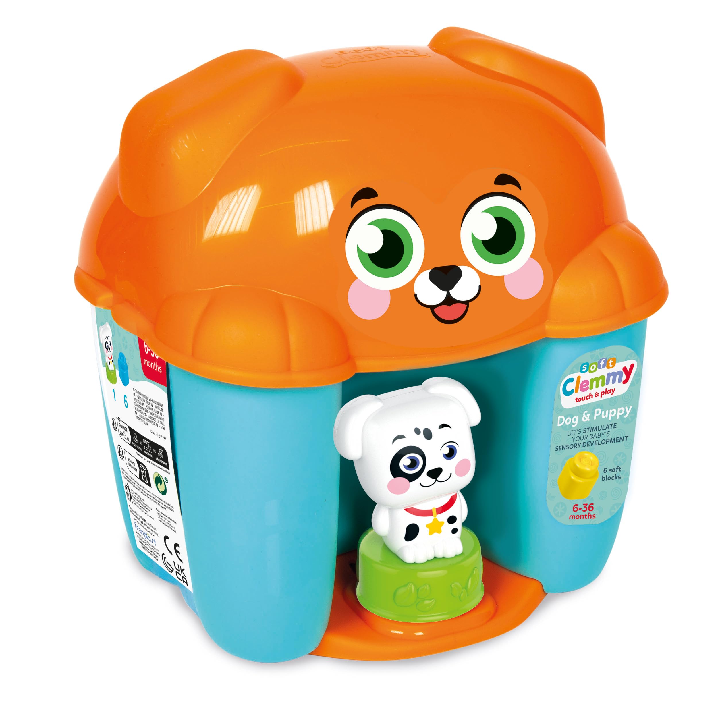 Clementoni - 17769 - Soft Clemmy - Dog & Puppy Bucket - Zabawka Konstrukcyjna Dla Dzieci Od 6 Miesięcy, Miękkie Klocki