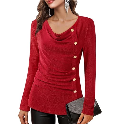Bodhi talk Blouse Women's Elegant Glitter Long Sleeve Shirt with Waterfall Neck Festive Tops for Party and New Year's Eve