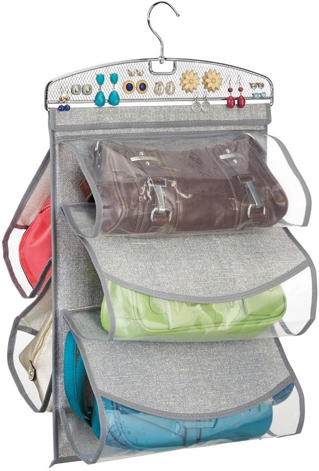 InterDesign Aldo Hanging Handbag and Jewellery Storage, 5-Pocket Hanging Wardrobe Storage for Handbags and Accessories, Made of Polypropylene, Grey image 3