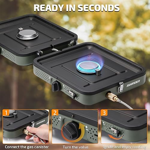 Miniatura 3 de Swonder Estufa de camping portátil de 2 quemadores con parabrisas - Estufa de propano de 17,500 BTU, diseño plegable, control de llama ajustable,