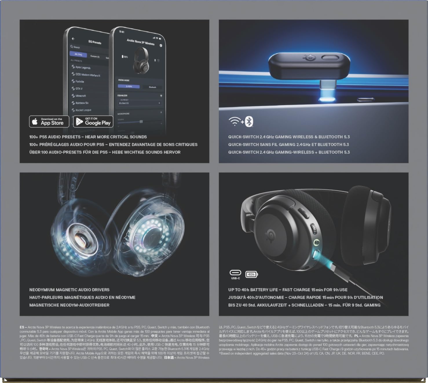 SteelSeries Arctis Nova 3P Cuffie da gioco wireless 2,4GHz/BT 40h neodimio Nero per PS5 PS4 PC Switch