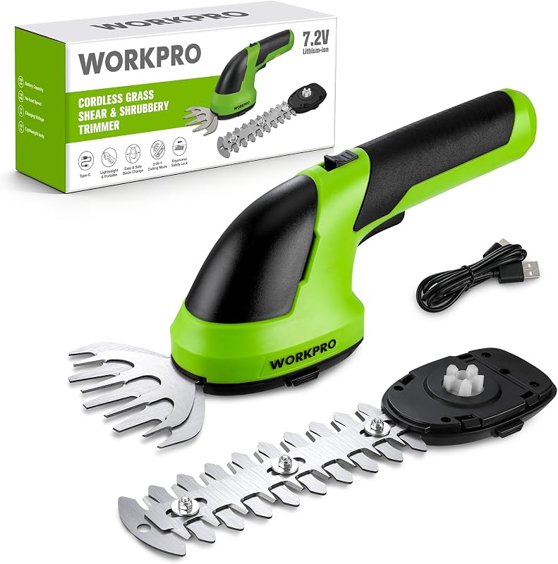 WORKPRO 7.2V Cordless Grass Shear & Shrubbery Trimmer | 5.9" Shrub Trimmer & 4.2" Grass Shear, 2.0Ah Rechargeable Lithium-Ion Battery, Type-C Cable, Handheld for Garden, Yard & Lawn