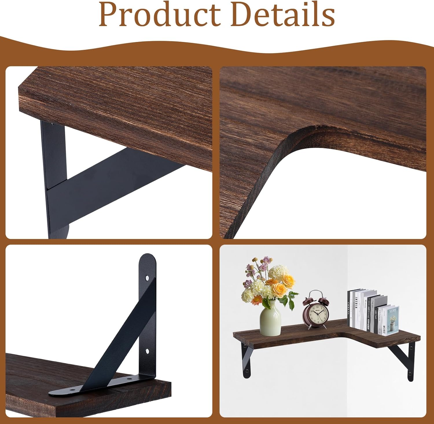 Corner Floating Shelves Set of 5, Wall Mounted Wood Shelves for Home Decor, Rustic Wood Wall Storage Corner Shelf for Kitchen Bedroom Bathroom Living Room Office, Dark Brown