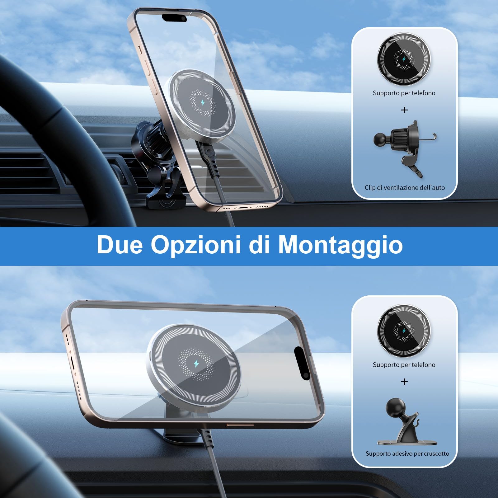 Caricabatterie Wireless Magnetico per Auto, 15W MANKIW Ricarica Wireless Auto Compatibile con iPhone 17/16/15/14/13/12,Magnetica Cover, Mag-safe Caricabatterie Auto Supporto