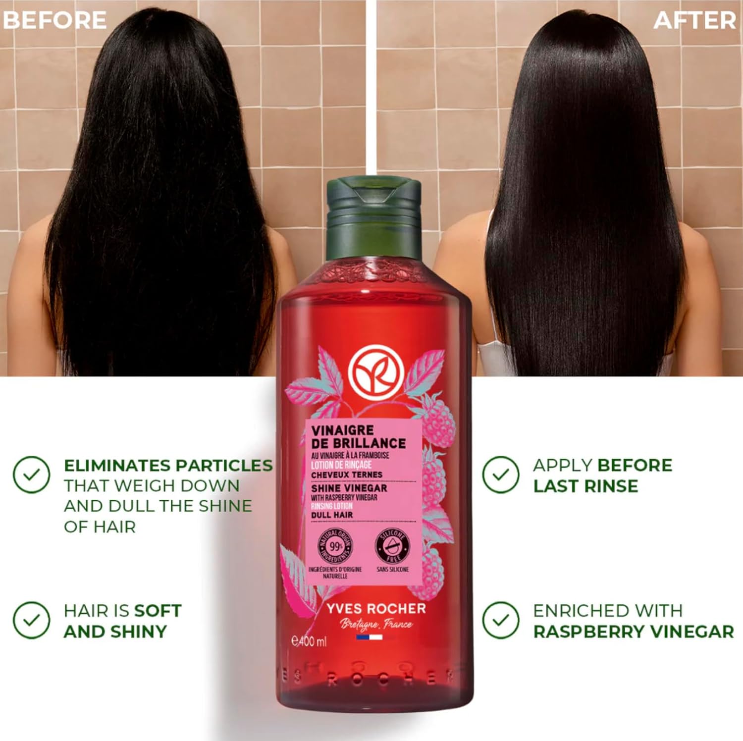 Yves Rocher Raspberry Shine Hair Vinegar And Shampoo Set of 2 – Restores Natural Women Unisex Hair Shine 400 ml./13.5 fl.oz. 300 ml./10.1 fl.oz. - Image 2