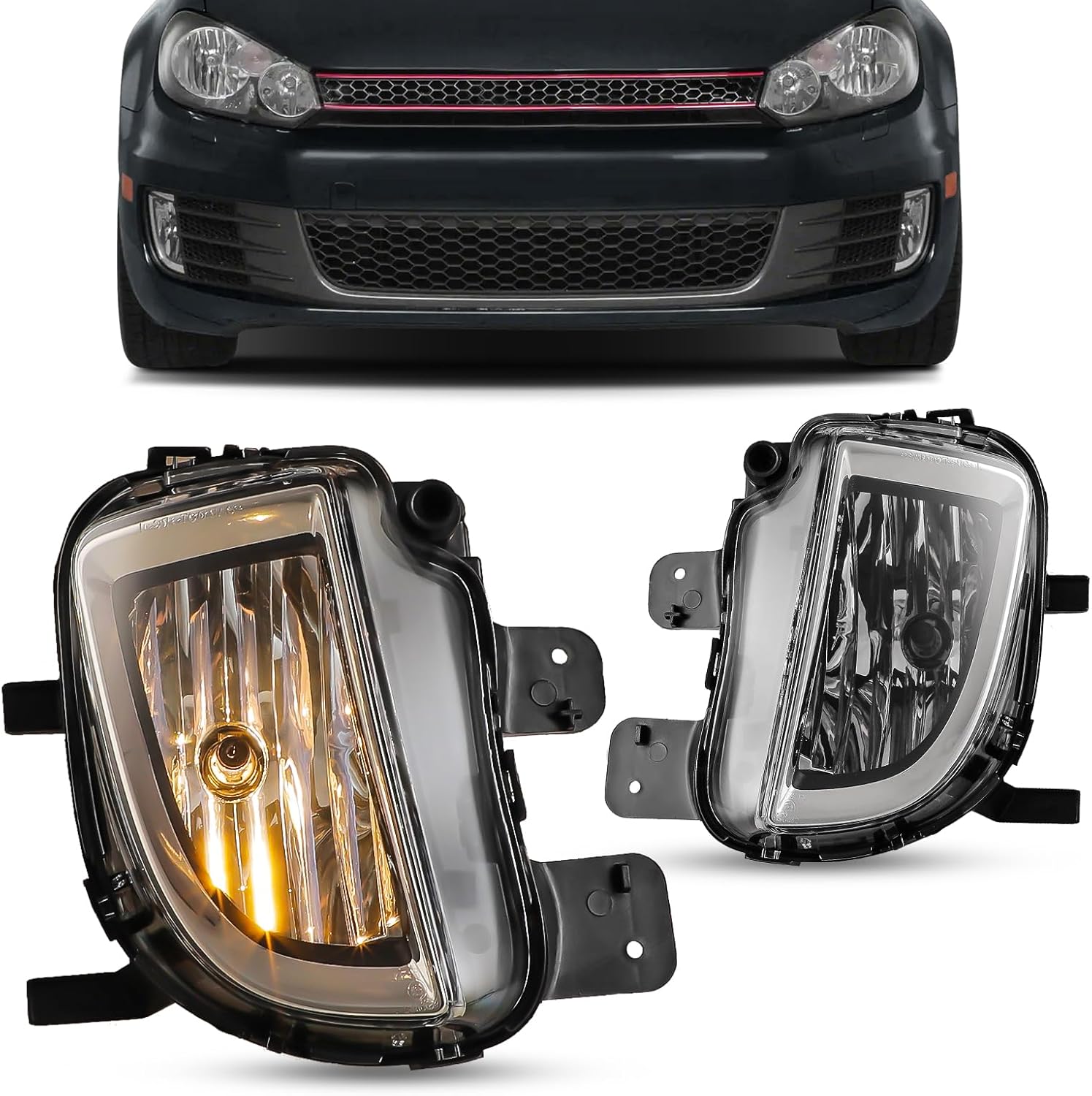 CPW OEM Fog Lights Fit For 2010-2014 Volkswagen GTI, Driver & Passenger Driving Fog Lamps For 2011-2015 Volkswagen Jetta GLI w/ H8 12V35W Halogen Bulbs (Black Housing Clear Lens)