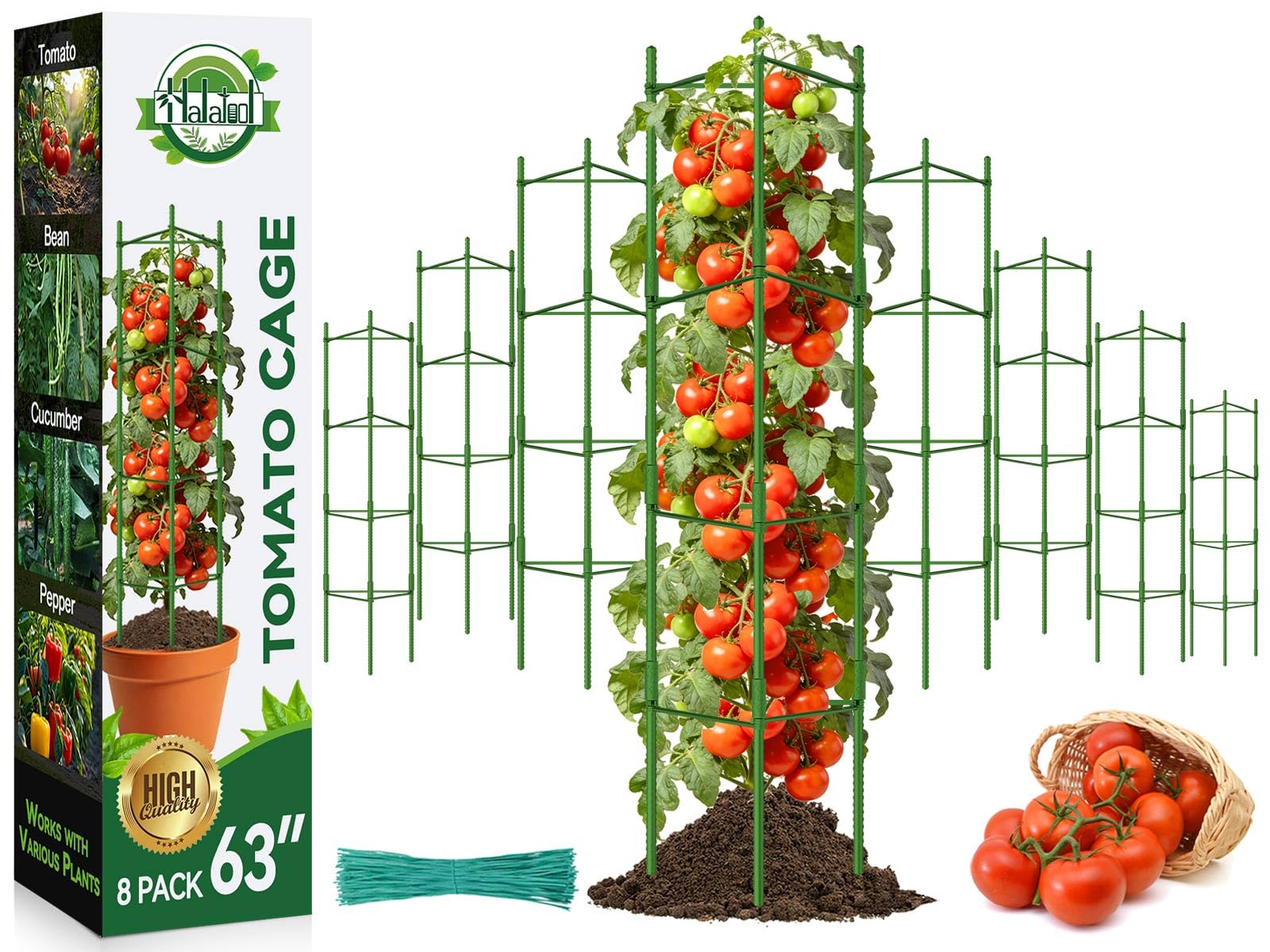 Halatool 8 paquetes de jaulas de tomate, jaula de tomate expandible de hasta 62 pulgadas con 60 lazos giratorios, jaulas altas de tomate con brazos ajustables a presión para verduras (2 hebillas)