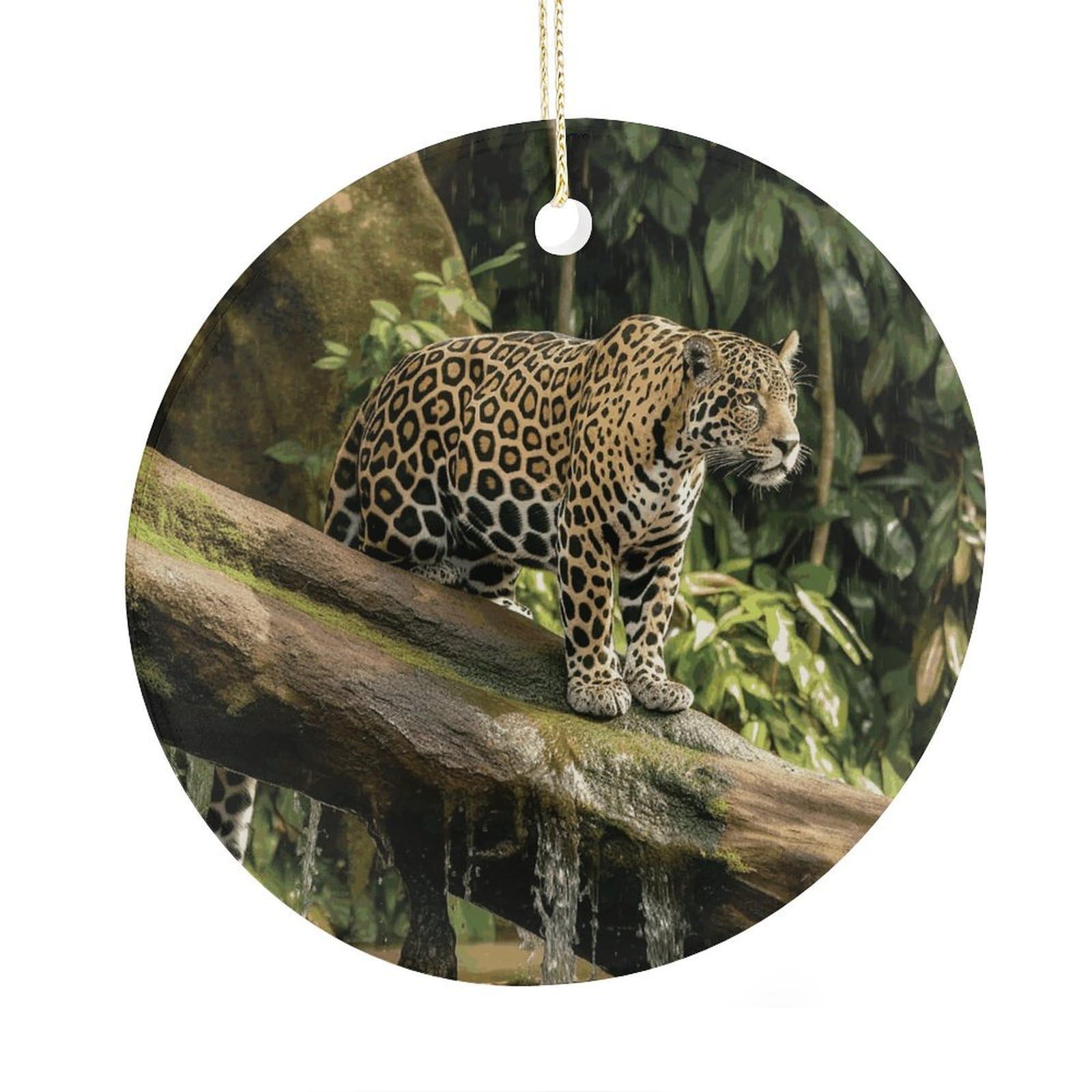 Fekiloot Style Jaguar Cat On Tree Trunk Waterfall Christmas Ornaments 2.9 Inch Round Ceramic Ornament Keepsake Thank You Gifts For Office, Room, Home - Holiday Present Ideas
