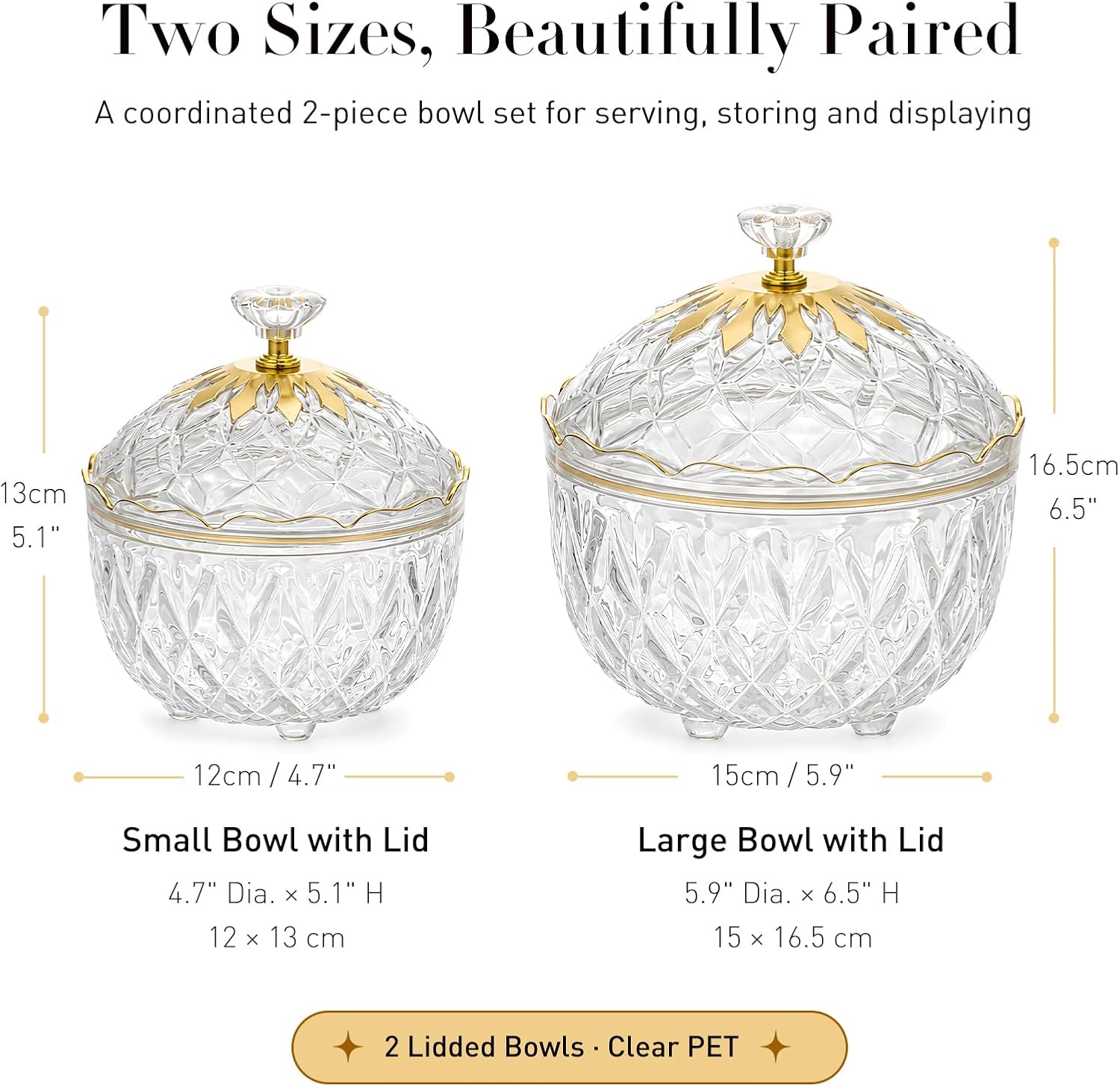 Candy Jars with Lids, Set of 2 Clear Candy Dishes for Desk and Counter