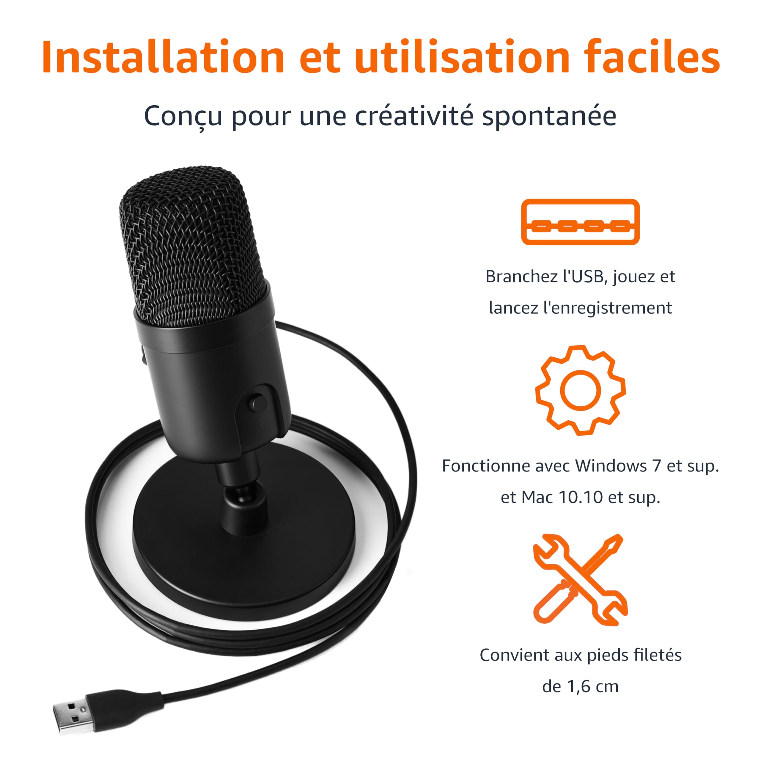 Amazon Basics Microphone à condensateur USB miniature pour le streaming, les jeux et le podcasting avec capteur cardioïde, 5.8 x 3.4 inches, Noir
