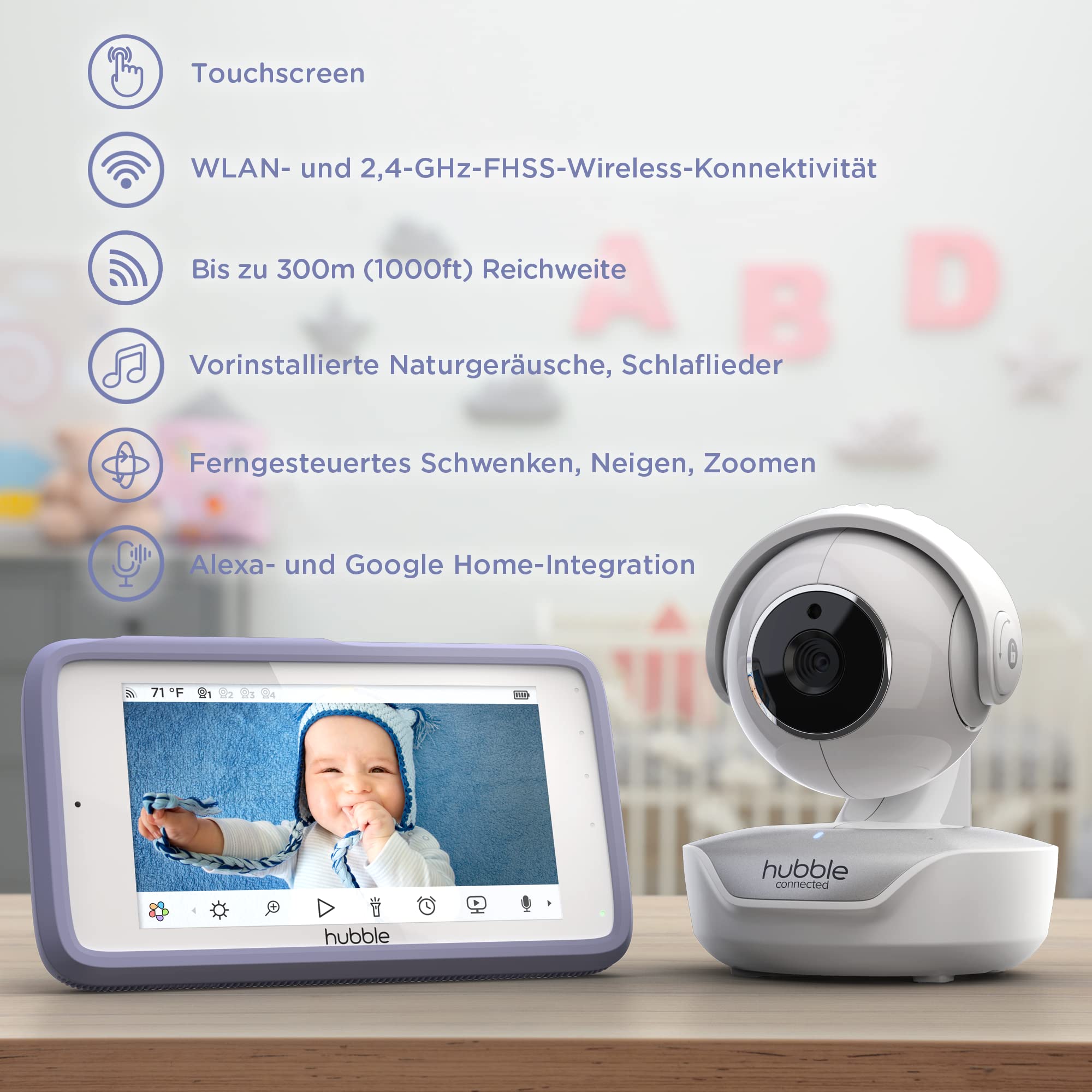 Hubble Connected Nursery Pal Premium Vigilabebes con Camara, Pantalla táctil de 5 pulgadas, modo de privacidad, visión nocturna, sensor de temperatura ambiente y aplicación para teléfono inteligente
