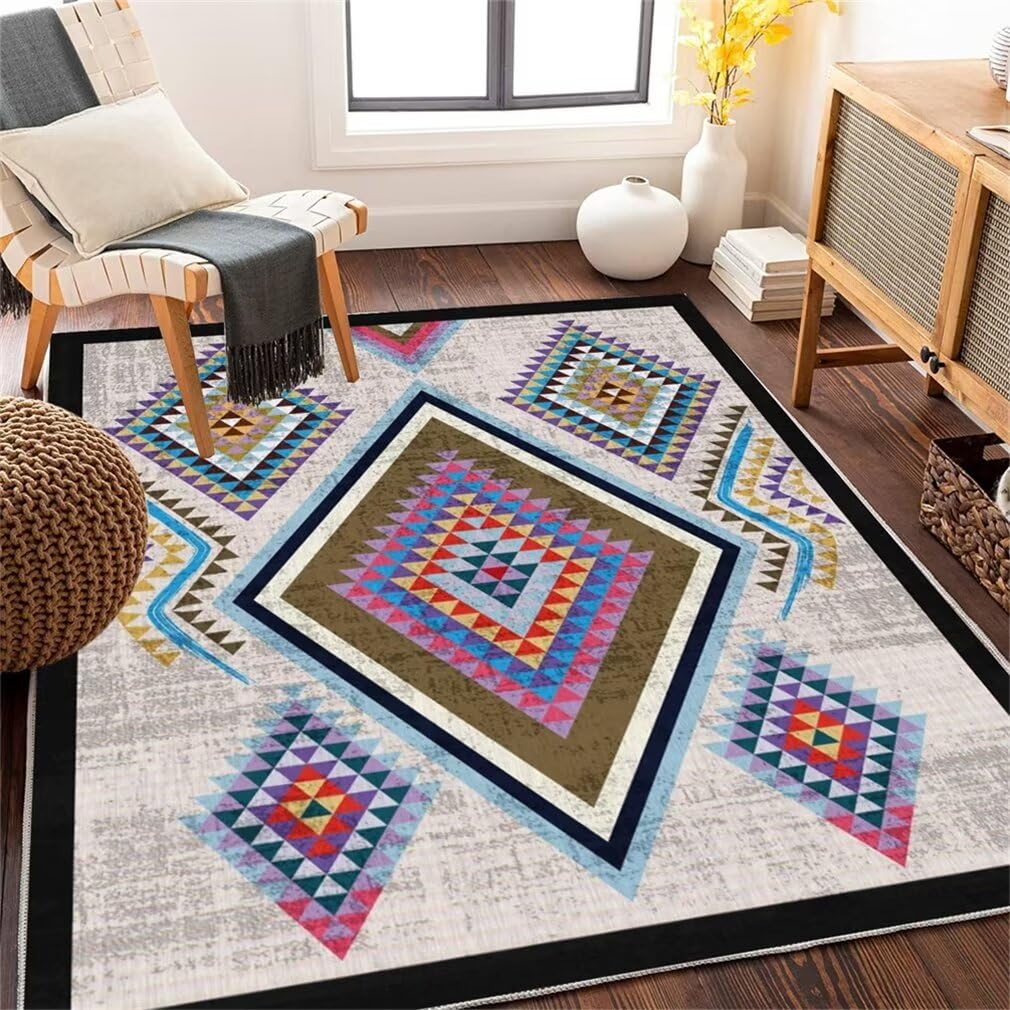 Tapis XXL salon 180x250cm damier bleu gris antidérapant et lavable