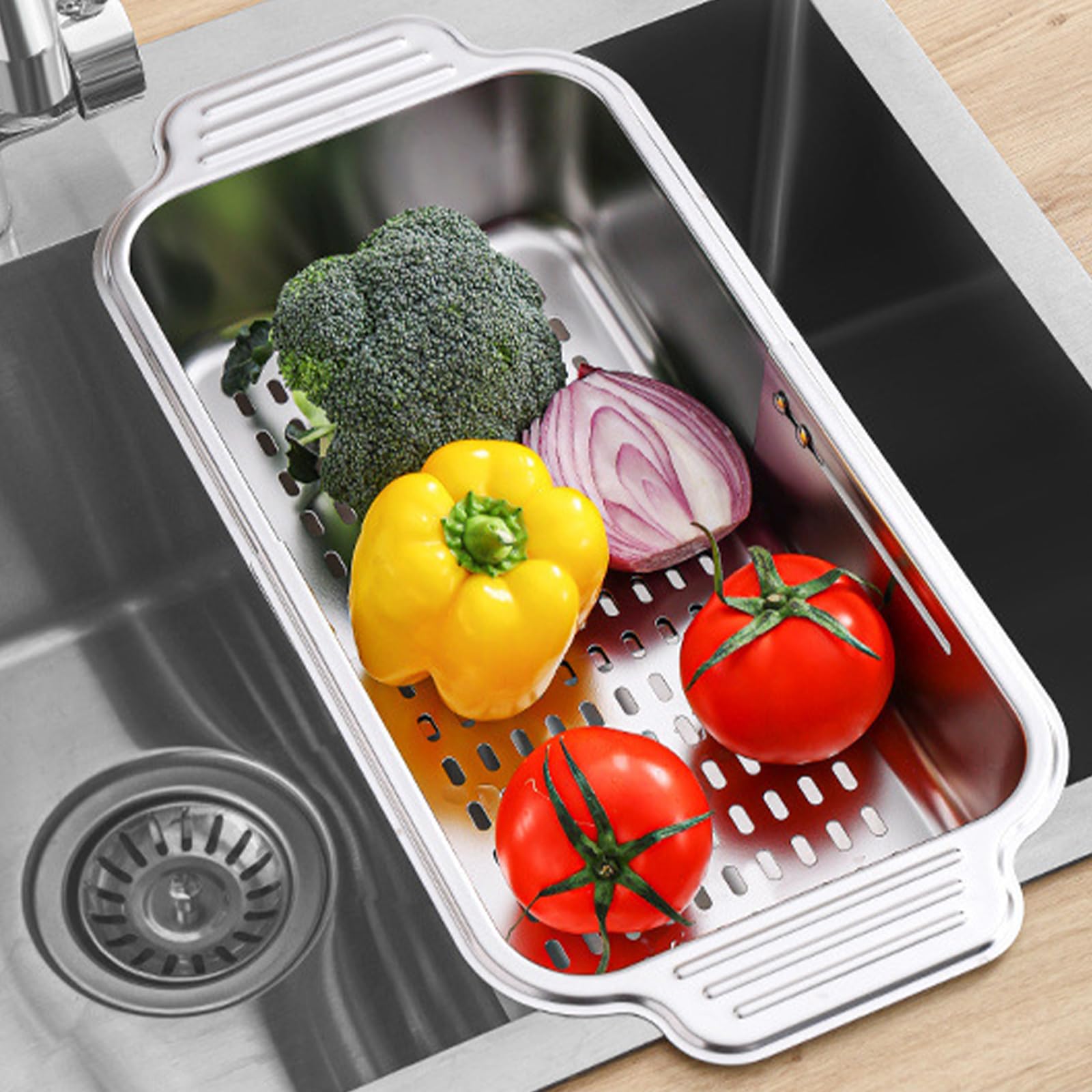 PANGBOER Cesta de colador de Fregadero Extensible de Acero Inoxidable, 1 colador de Cocina, Resistente, Capacidad de Carga de 30 kg, Drenaje rápido, colador de Red de Acero Inoxidable