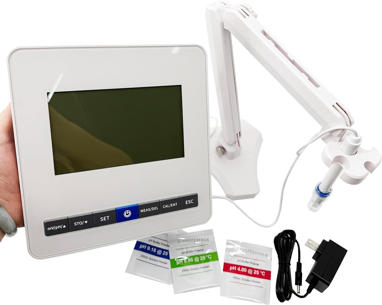 Benchtop PH Analyzer PH Tester Lab mV Meter with pH Buffer Powder mV Range -999～1999 pH Range -2.00～18.00 Error ±0.01 3 Points Calibration Movable Bracket Type 50 Sets Data Storage