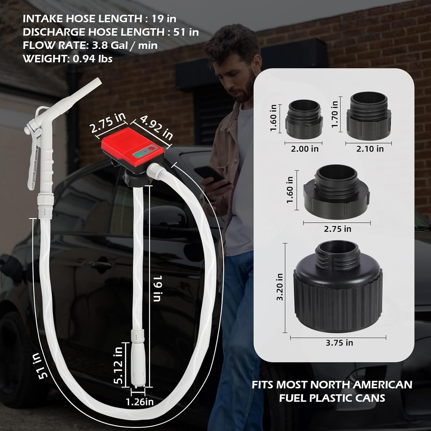 Fuel Transfer Pump with Nozzle, 3.8 GPM Fastest Flow, AA Battery Powered/DC Power Modes, 51" Long Hose, Portable Liquid Transfer Pump for Gasoline, Diesel,Fuel, Oil, etc
