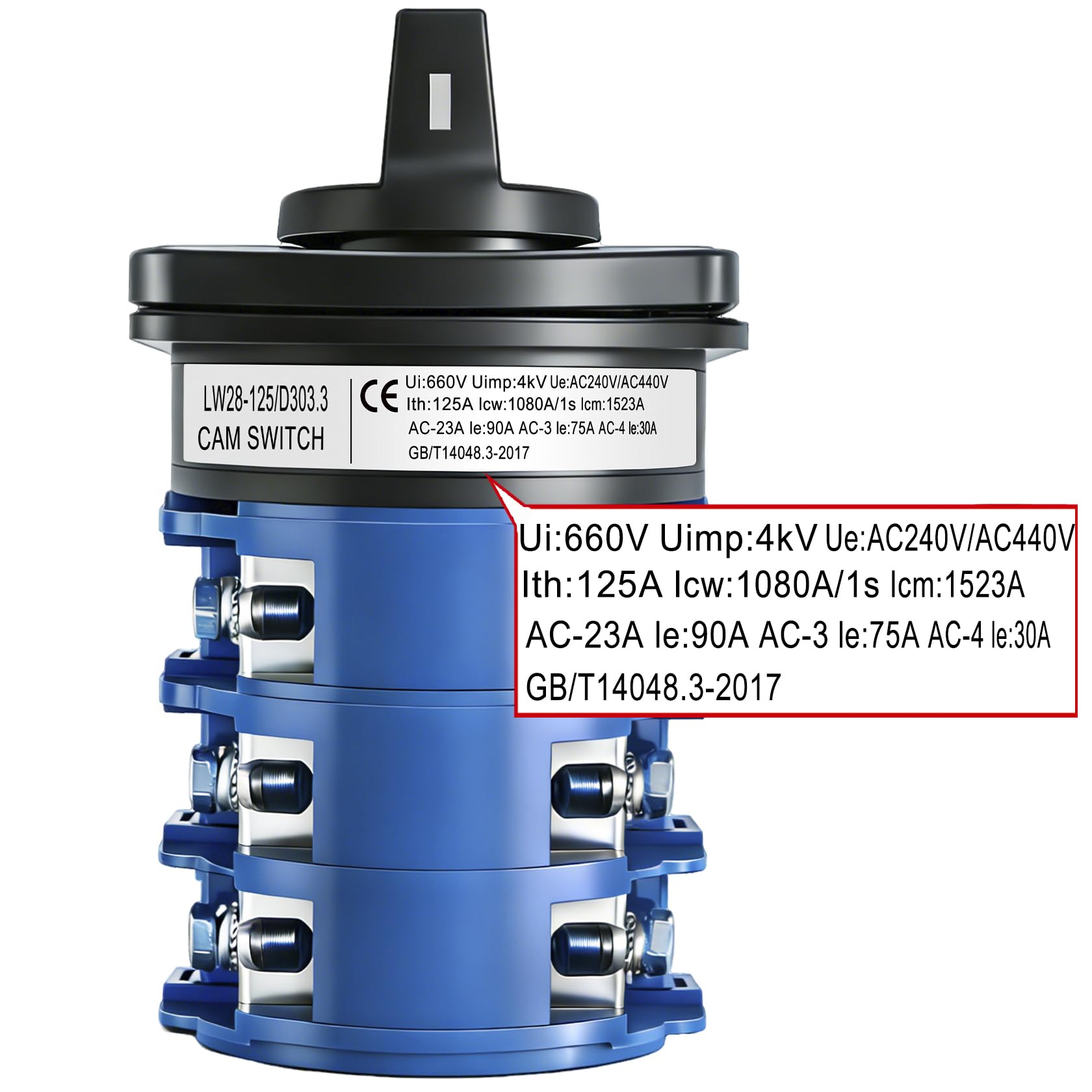 Heschen Interruttore a camme rotativo 125A 660VAC ON/OFF/ON 3 posizioni 3 fasi