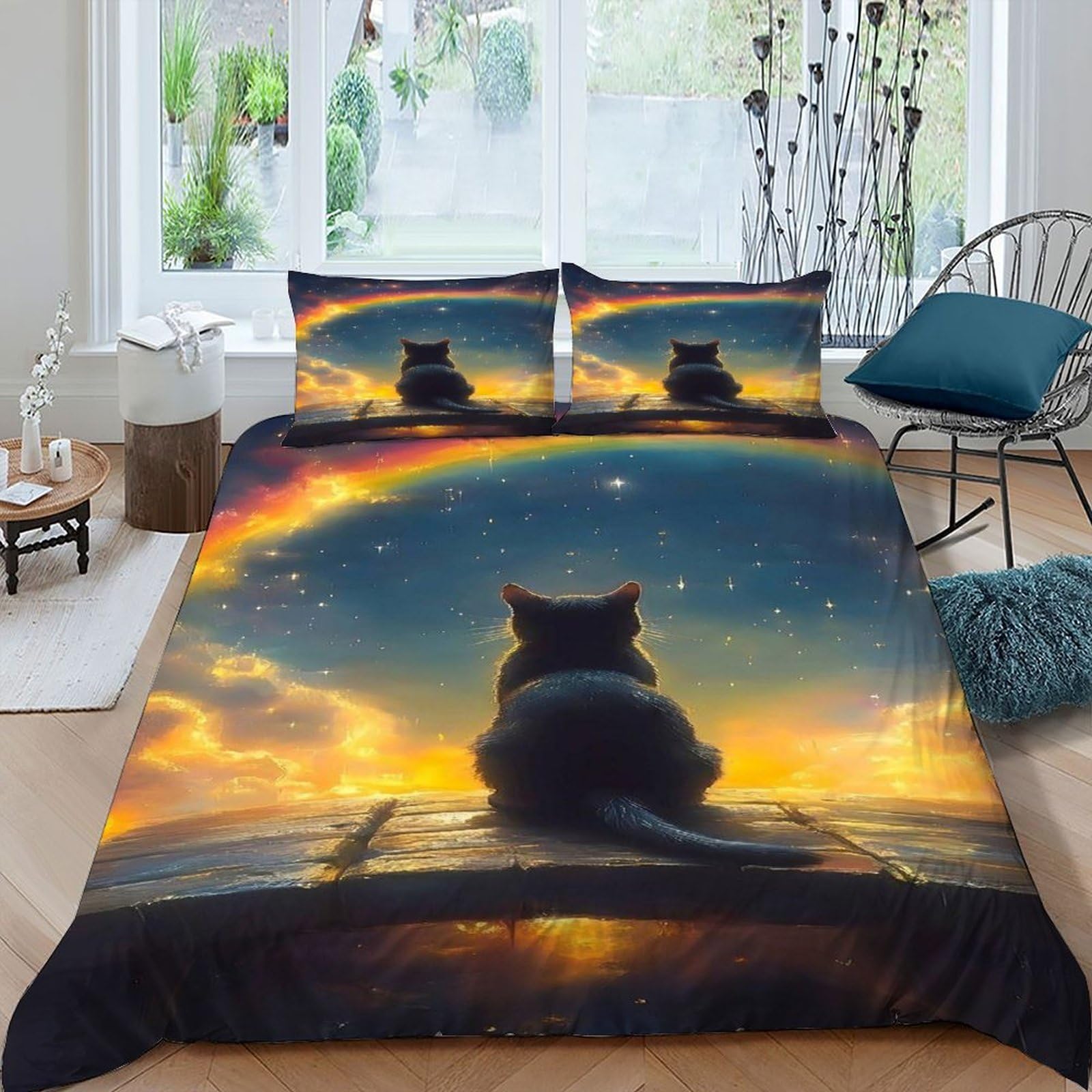 Housse de couette chat 220x240 parure de lit imprimée animal 3 pièces avec taies d'oreiller