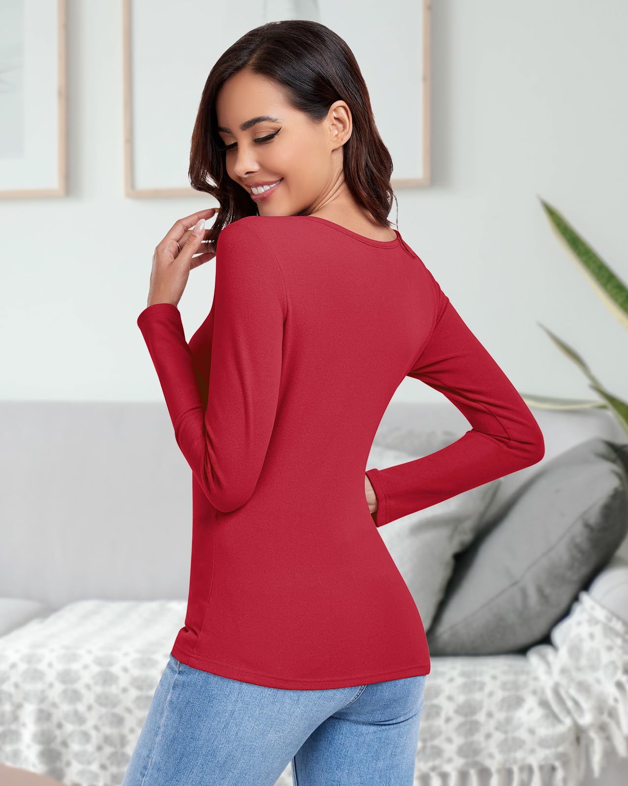 WOWENY Maglia Termica da Donna in Pile, a Maniche Lunghe con Scollo a Sweetheart, Elegante Camicia Termica a Maniche Lunghe a 3/4, Calda, Comoda, per l'inverno