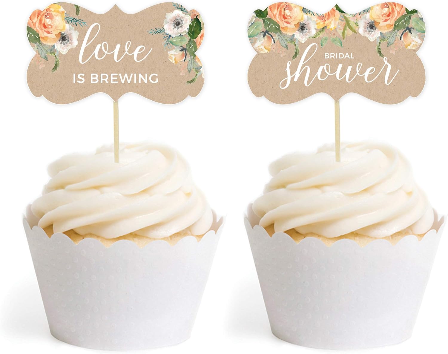 Andaz Press Peach Coral Kraft Brown Rustic Floral Garden Party Wedding Collection, Cupcake Topper DIY Party Favors Kit, Fancy Frame Shape, 18-Pack
