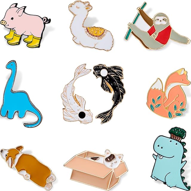 Hicarer 10 Pieces Cartoon Animal Enamel Pins Set Cartoon Animal Backpack Brooch Pin Cat Alpaca Corgi Pin Badge for Clothes Collar Bag Jacket Accessory DIY Craft