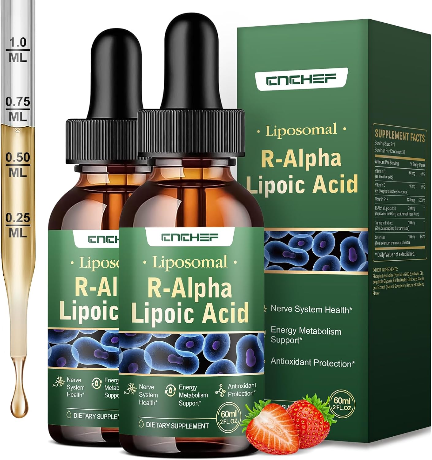 2PCS R Alpha Lipoic Acid Liquid Drops 600mg – ALA Supplement Nerve Savior for Neuropathy for Nerve, Energy & Metabolism Support - Extra Strength with Turmeric, Selenium, C E & B12, Strawberry Flavor