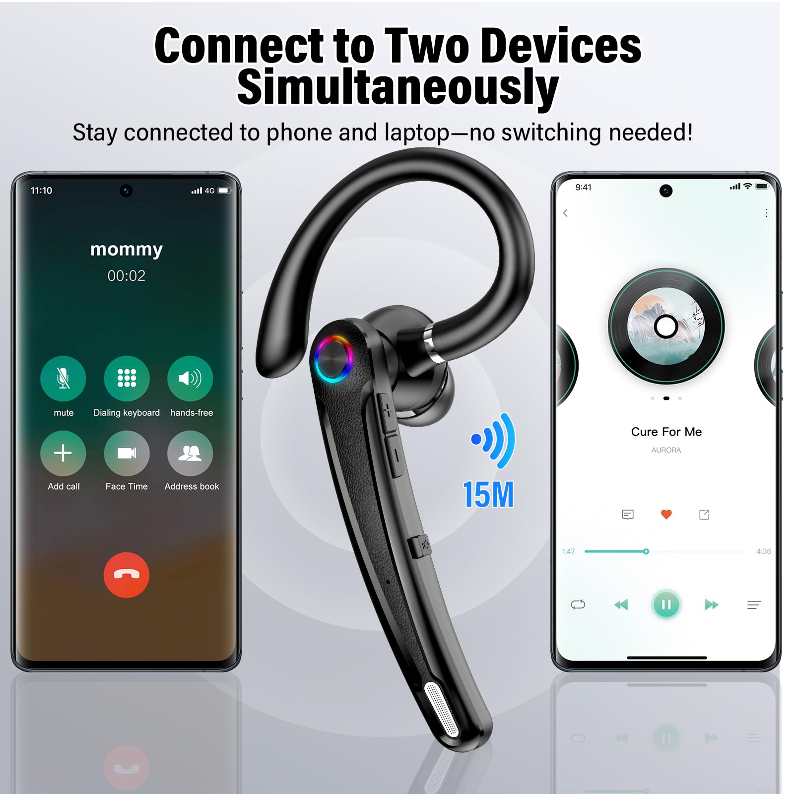 Atheewon Auricolare Bluetooth V5.4, Cuffie Vivavoce Wireless | ENC Doppio Microfono Antirumore, Silenziamento, Connessione Due Dispositivi, 115Ore Cuffie Bluetooth, Adattatore USB Computer