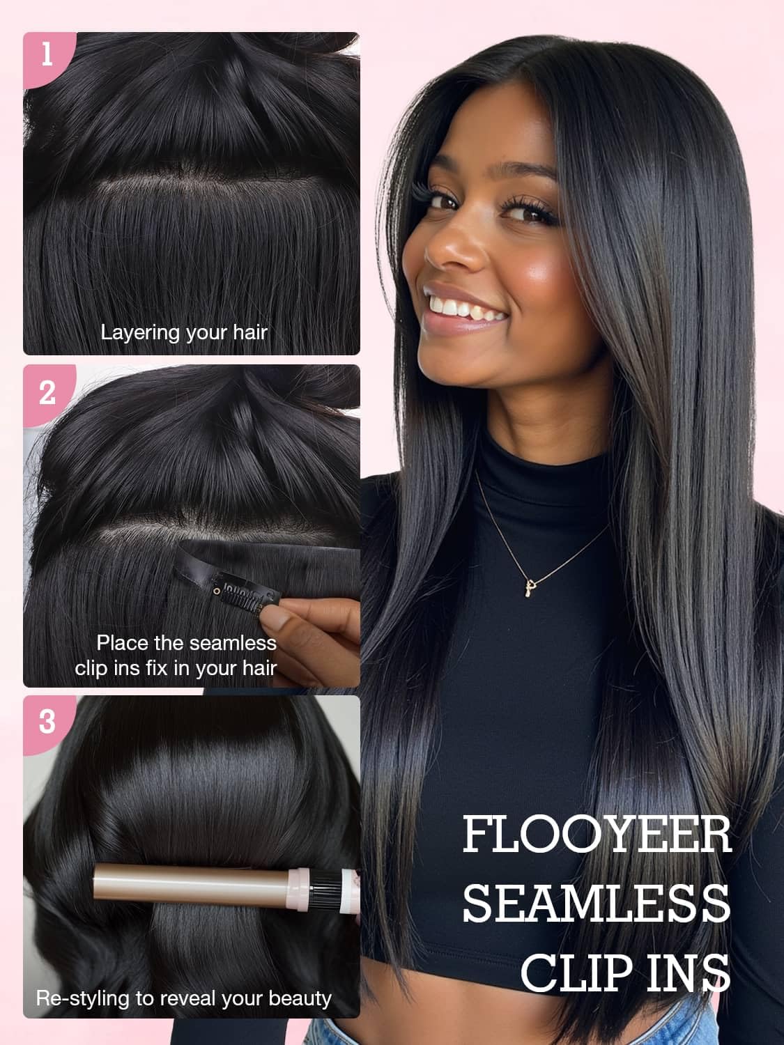 Flooyeer- Seamless Clip-in Hair Extensions- Natural Black- Never Worn Affordable Clip Ins| Amazon| Flooyeer extensions - YouTube main image 3