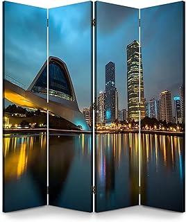 Wood Screen Room Divider Reflection Light Lake Night View Bangkok Downtown Folding Screen Canvas Privacy Partition Panels Dual-Sided Wall Divider Indoor Display Shelves 4 Panels