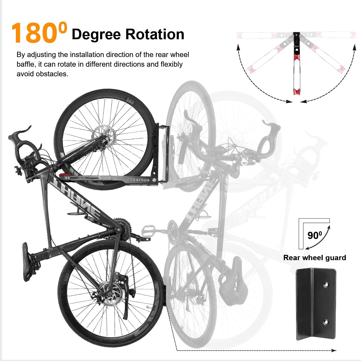 teraysun Swivel Bike Wall Mount Rack, Adjustable Vertical Bicycle Hanger for Garage Storage, Heavy Duty 3mm Steel Holder Fits 24"-29" Wheels (Max 3.5" Tire), 66lbs/30kg Load Capacity for MTB Road