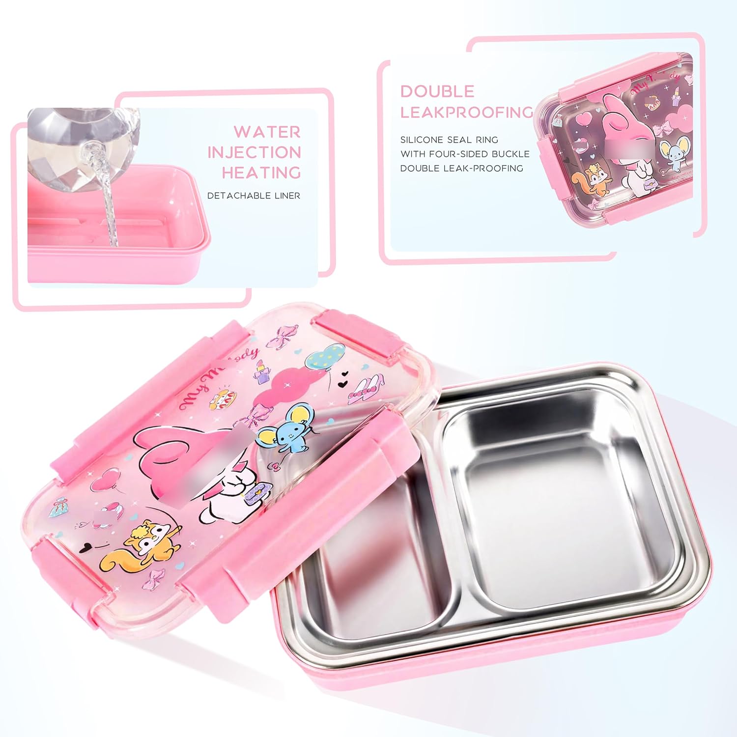 Roffatide Cartoon Cute Melody Printed All-in-One Bento Boxes with Spoon Fork Kawaii 4-Point Lock Type Lunch Box Containers for Food Fruit Snack, Melody(spoon+fork), LYS25002