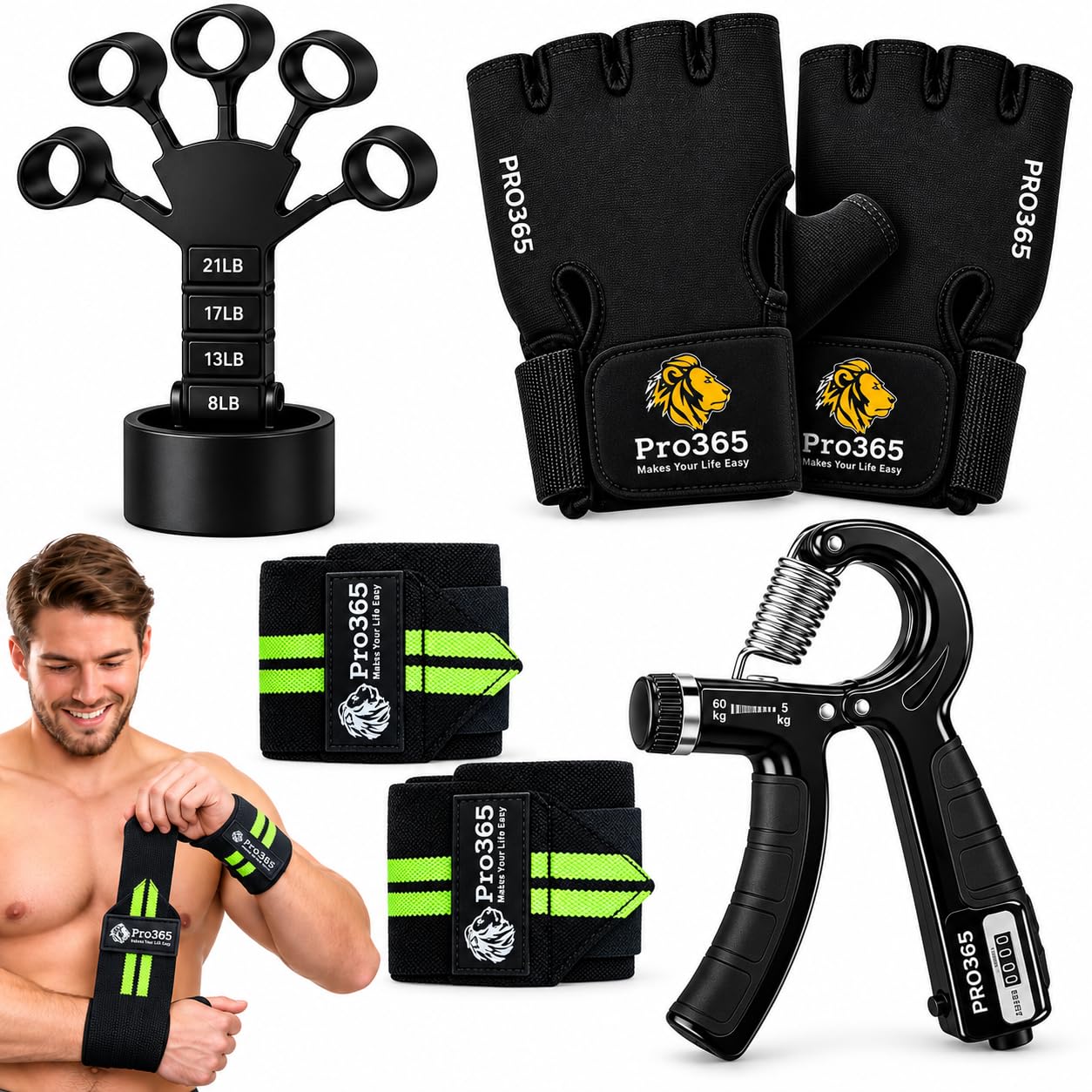 Buy PRO365 Complete Hand Strength & Support Kit – Gym Gloves, Adjustable Hand Gripper with Counter, Finger Strengthener & Wrist Support Straps for Workout, Grip Training, Fitness & Rehabilitation Online at Low Prices in India - Image 1