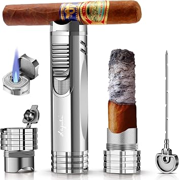 Cigar Lighter, Cigar Punch, Cigar Draw Enhancer, Cigar Holder,All-in-one Refillable Butane Torch Lighter. Cigar AccessoriesGas Not Included