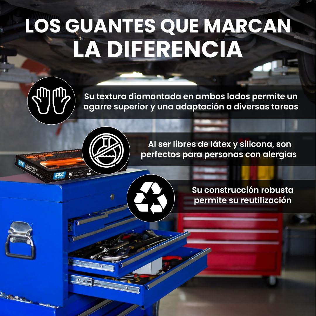Guantes de Nitrilo Desechables Naranja | Guantes Extra Gruesos con Textura Diamante | Guantes para Taller y Montaje de Alta Resistencia Desechables | Tamaño S, L, M y XL (50, XL)