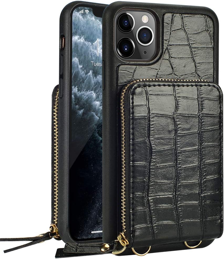 JLFCH iPhone 11 Pro Wallet Case, iPhone 11 Pro Crossbody Case with Zipper Credit Card Slot Holder Wrist Strap Lanyard Women Girl Crocodile Grain Protective for iPhone 11 Pro 5.8 inc - Black