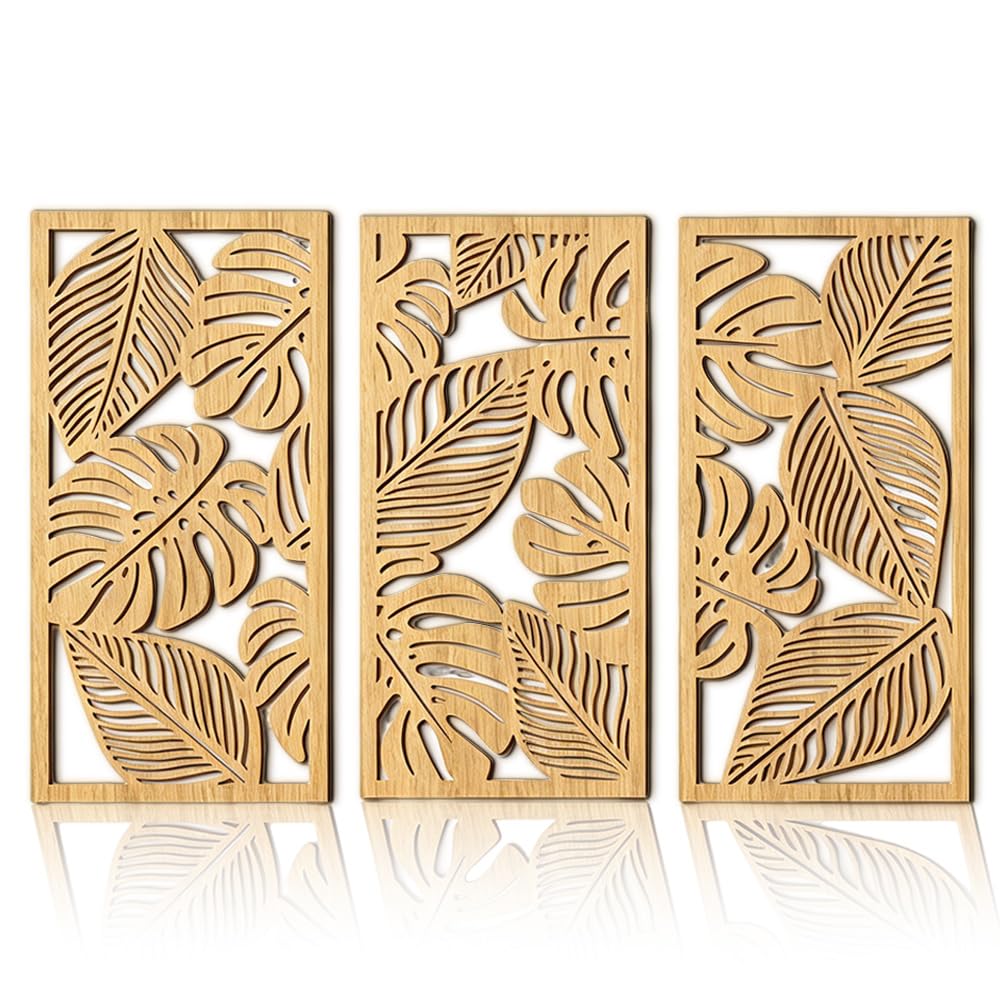 YOFHPT 3 Pcs Wooden Wall Art, Wooden Boho Wall Decor, W-all Decor for Hallway Living Room Bedroom, Bohemian Botanical Hanging Bohemian Home De-cor Modern, Farmhouse Geometric W-all Hanging
