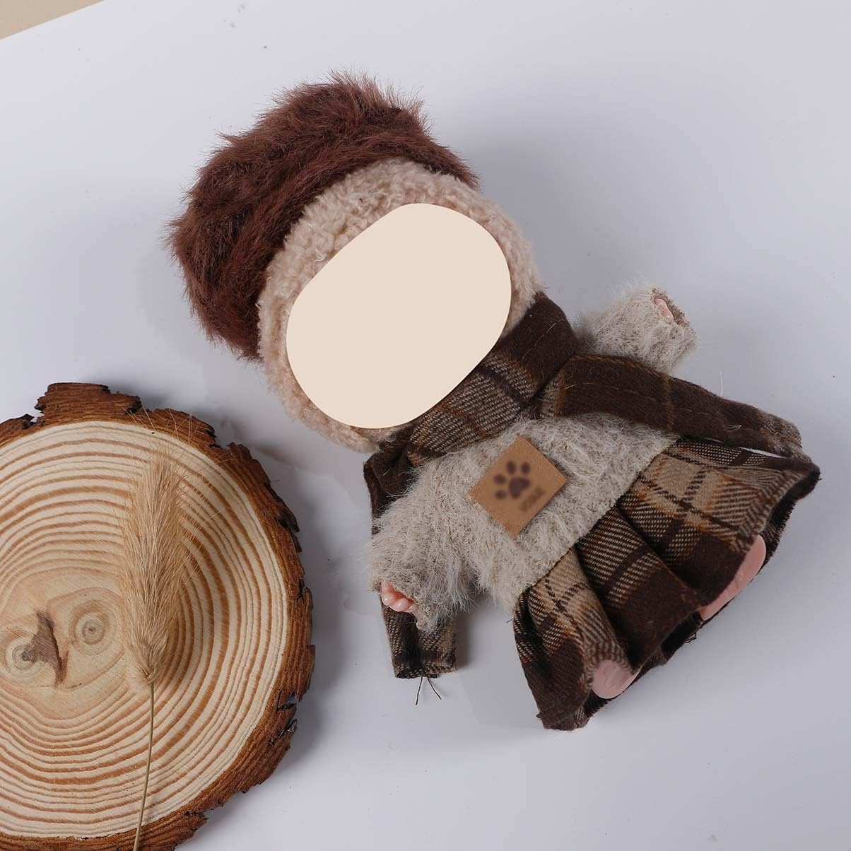 Compatible with Labubu (NO Doll) - Brown Vintage Preppy Set (Furry Hat + Checkered Scarf + Paw-Patch Sweater + Plaid Skirt), 15cm/17cm Doll Clothing (Brown Plaid)