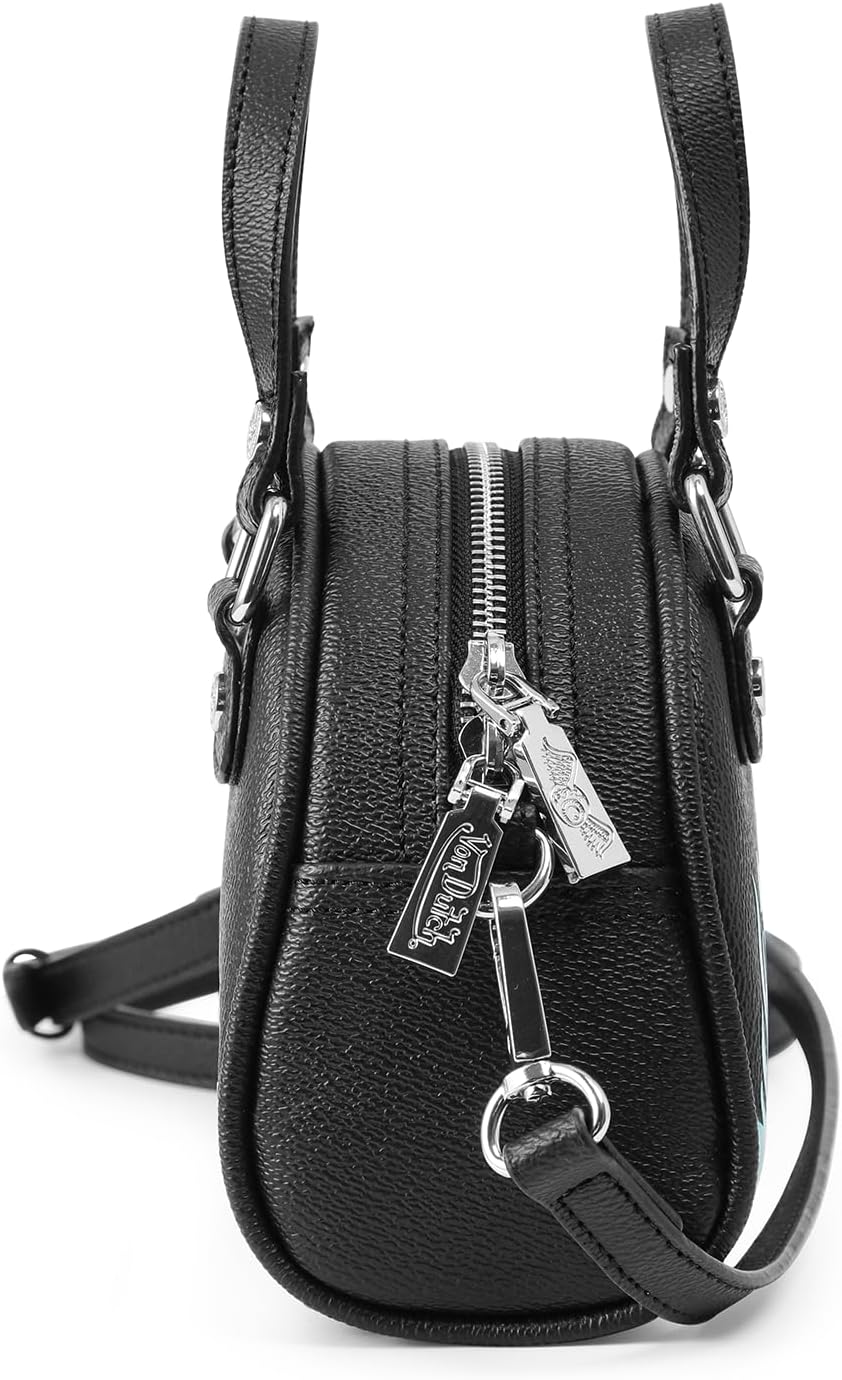 Von Dutch Flames Mini Bowling Bag | 6.8” Vegan Leather Crossbody with Logo Hardware, Top Handles & Zip Pouch